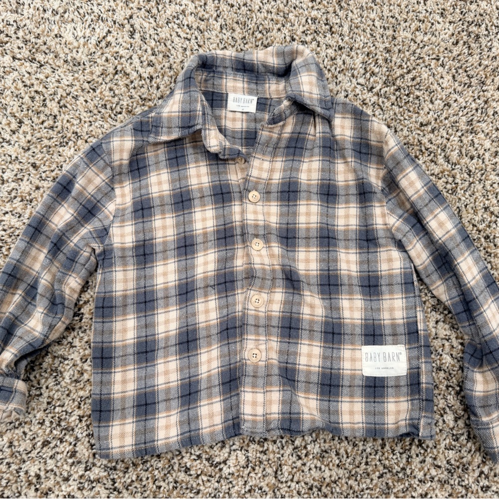 Blue and Tan Plaid Button-Up Shirt